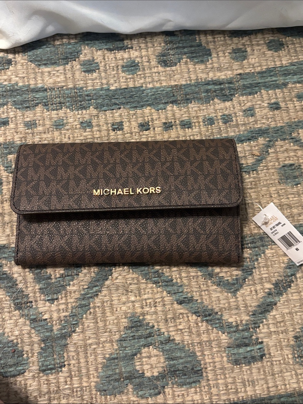Michael Kors Brown Signature Logo Continental Clutch Wallet with Gold Logo